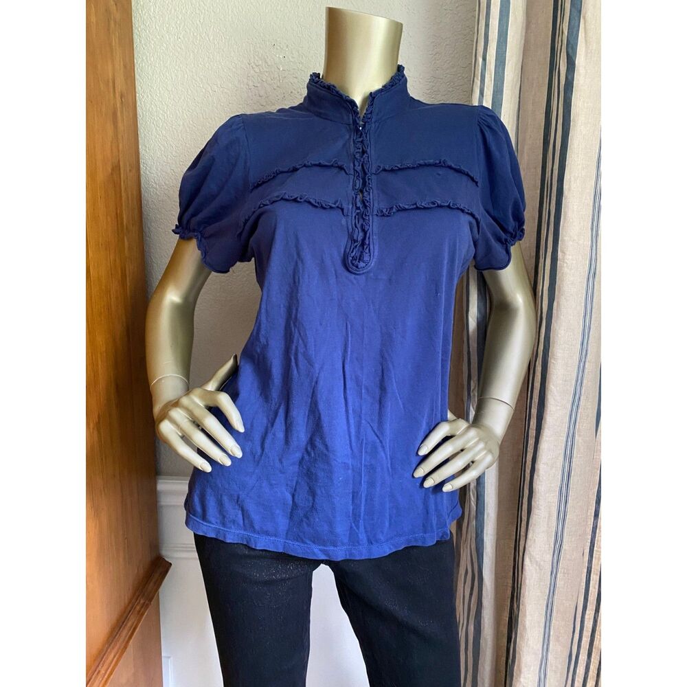 EUC Little Yellow Button Navy Puff Sleeve Victorian Ruffle Tee M